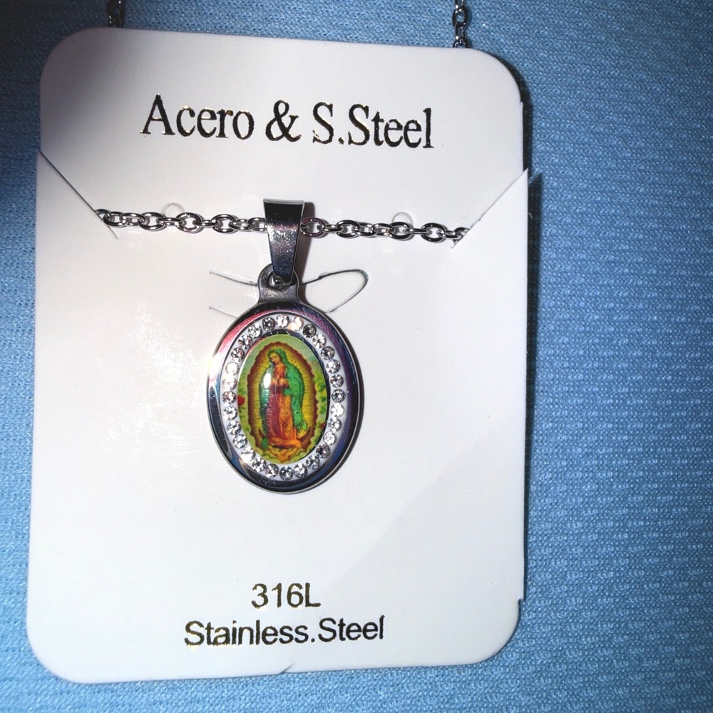 Acero & S.Steel Virgin Guadalupe Necklace Unisex OS NEW Stainless Steel Crystal